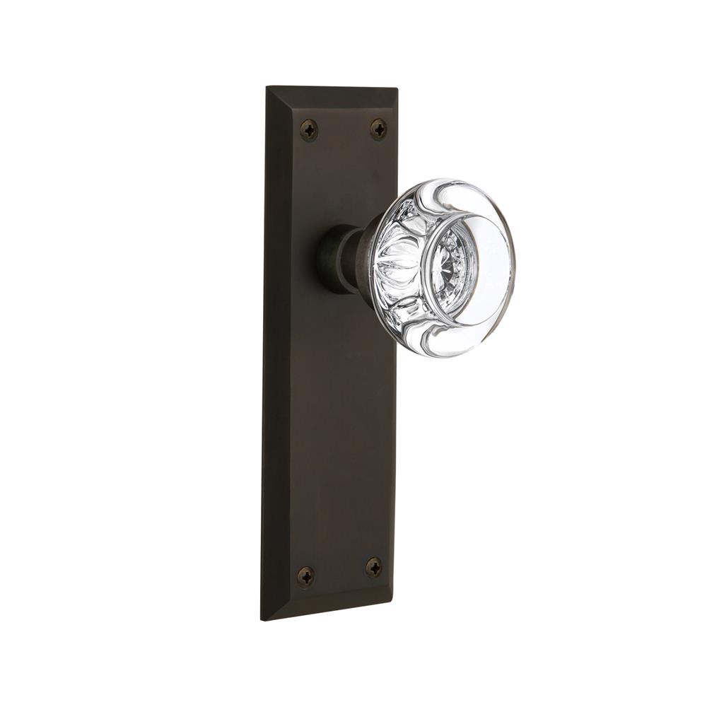 Nostalgic Warehouse NYKRCC Passage Knob New York Plate with Round Clear Crystal Knob without Keyhole in Oil Rubbed Bronze